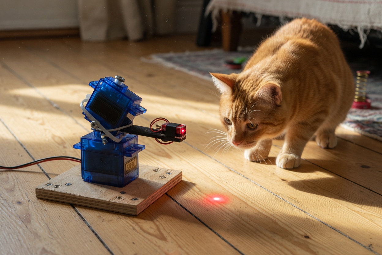 A homemade two-servo laser turret on a wooden floor, with an orange tabby watching a light on the floor.