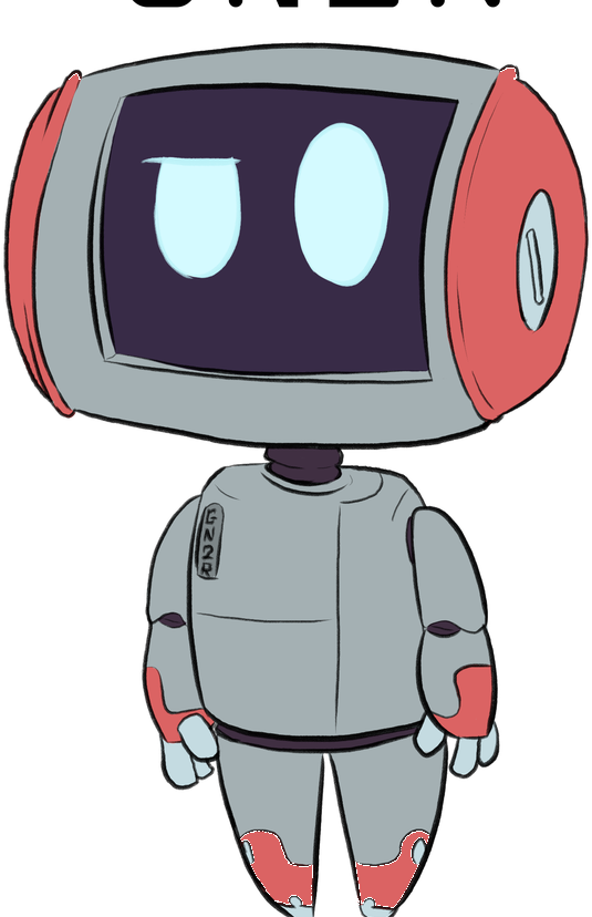 GN2R, a round-headed gray and coral robot with big pale eyes.