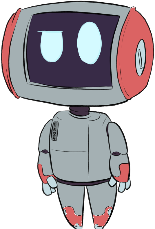 GN2R, a round-headed gray and coral robot with big pale eyes.