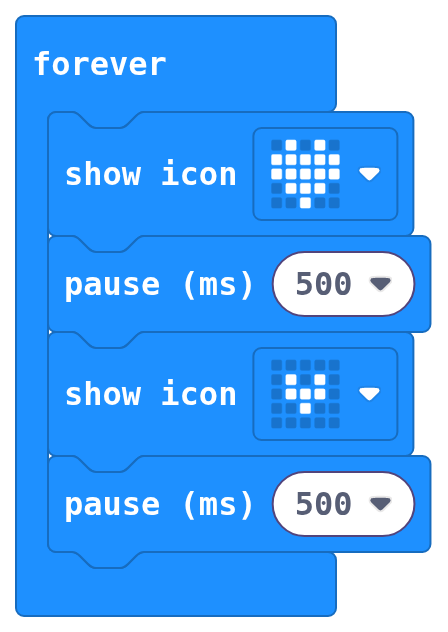 MakeCode blocks: forever, show icon big heart, pause 500 ms, show icon small heart, pause 500 ms