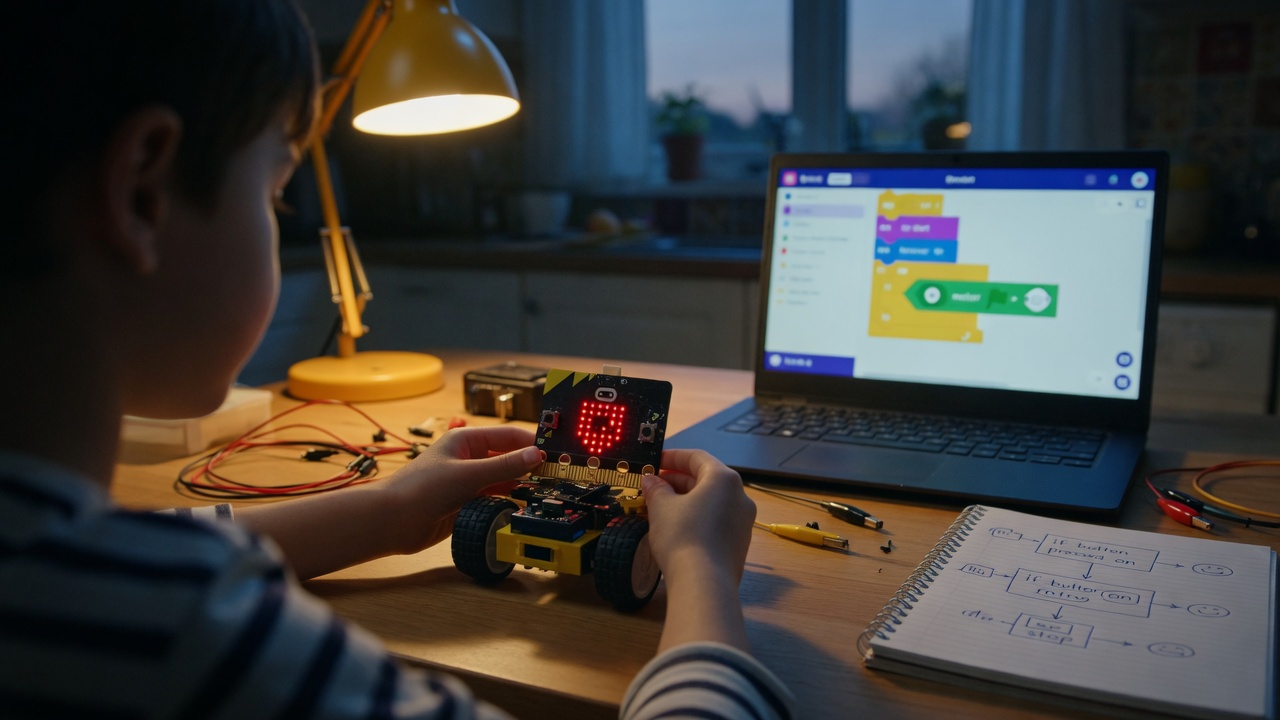 A child holding a small yellow robot with a glowing LED heart, block code on a laptop beside it.
