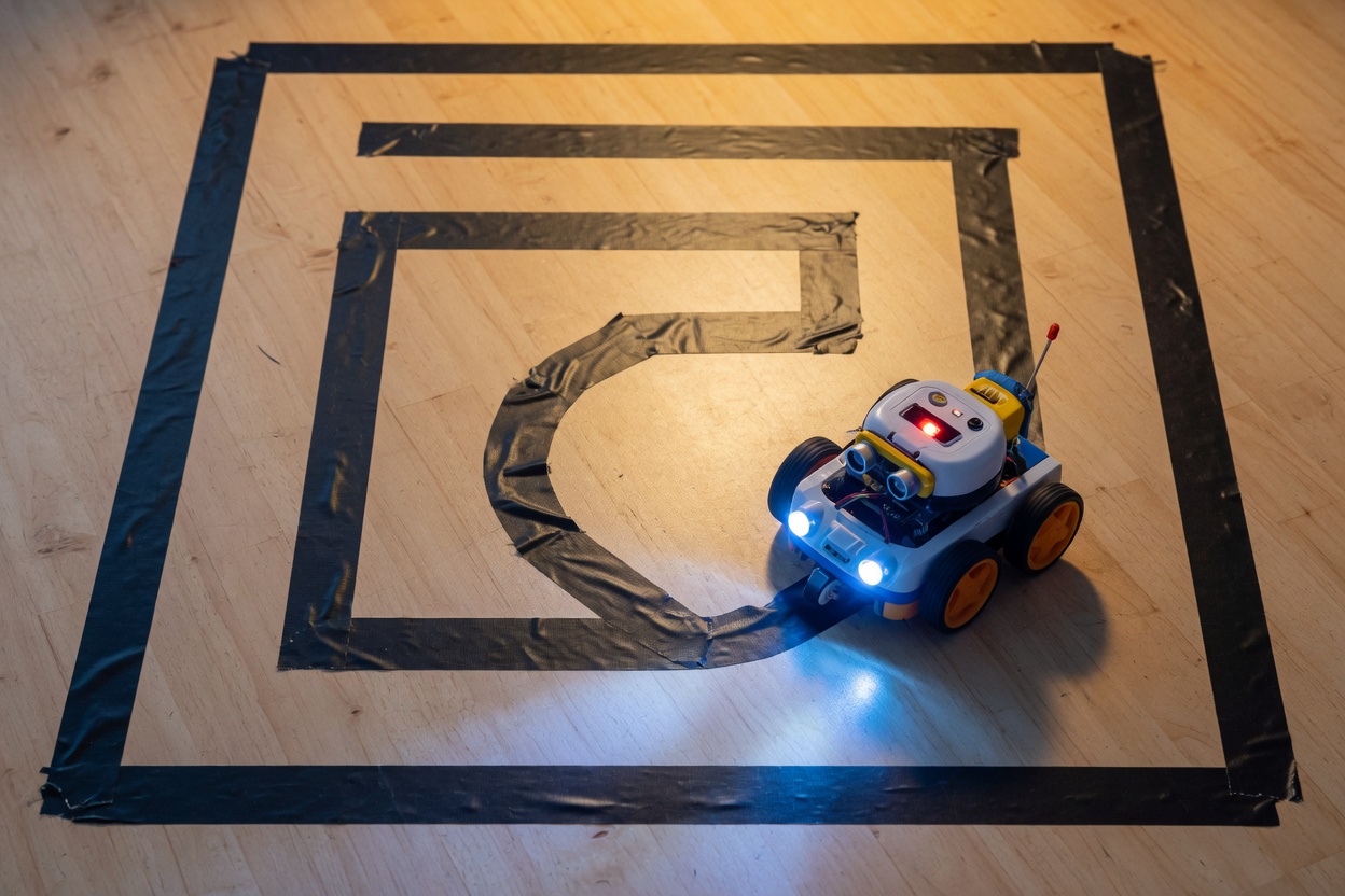 A small robot with headlights driving a black-tape maze on a wooden floor.