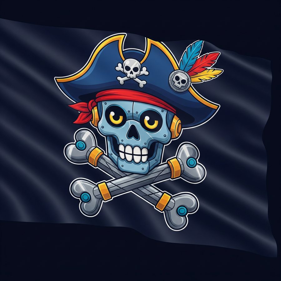 Robot pirate flag: a mechanical skull in a captain's hat over crossed bones.