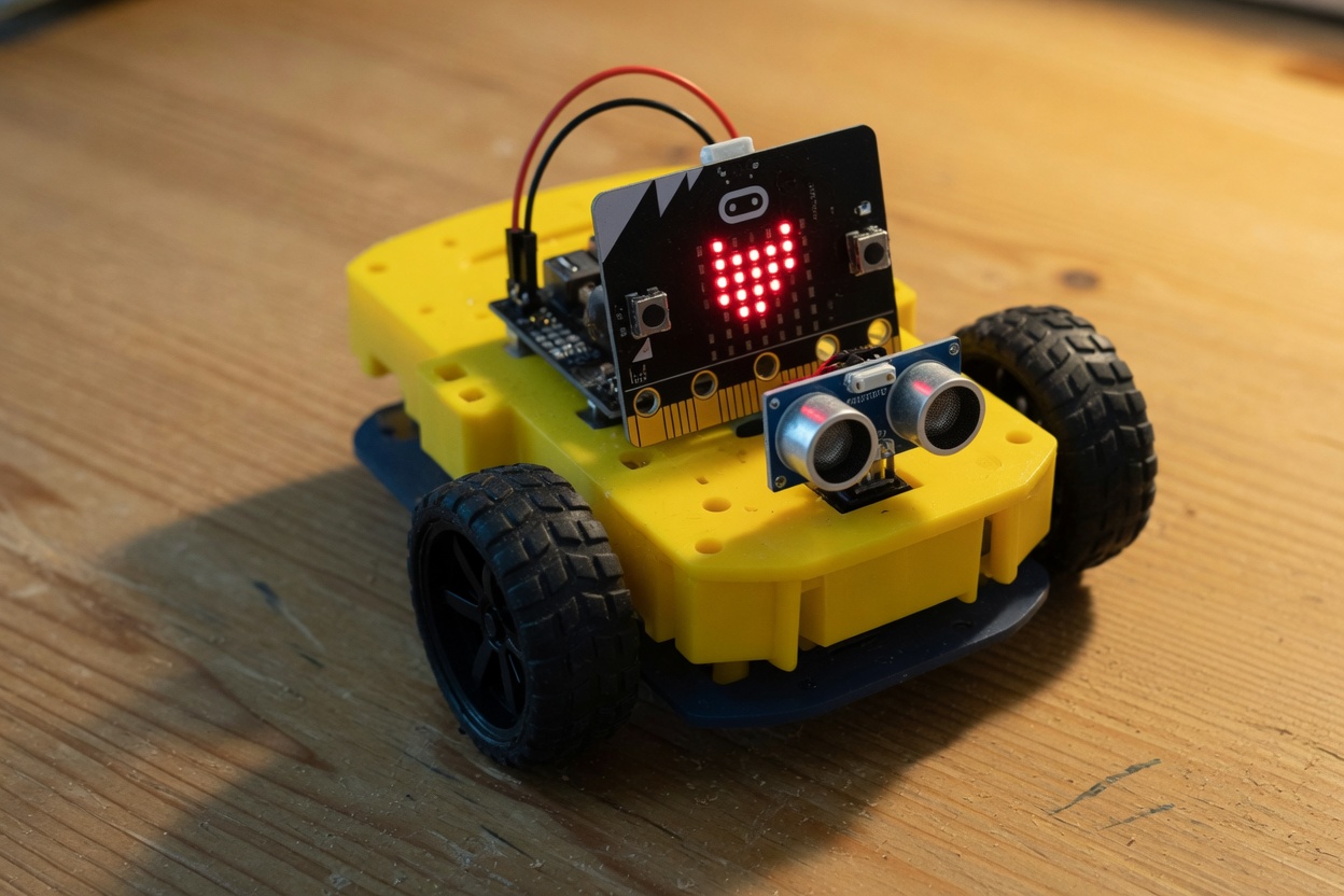 A yellow micro:bit robot car with a glowing LED heart and an ultrasonic sensor on a wooden table.