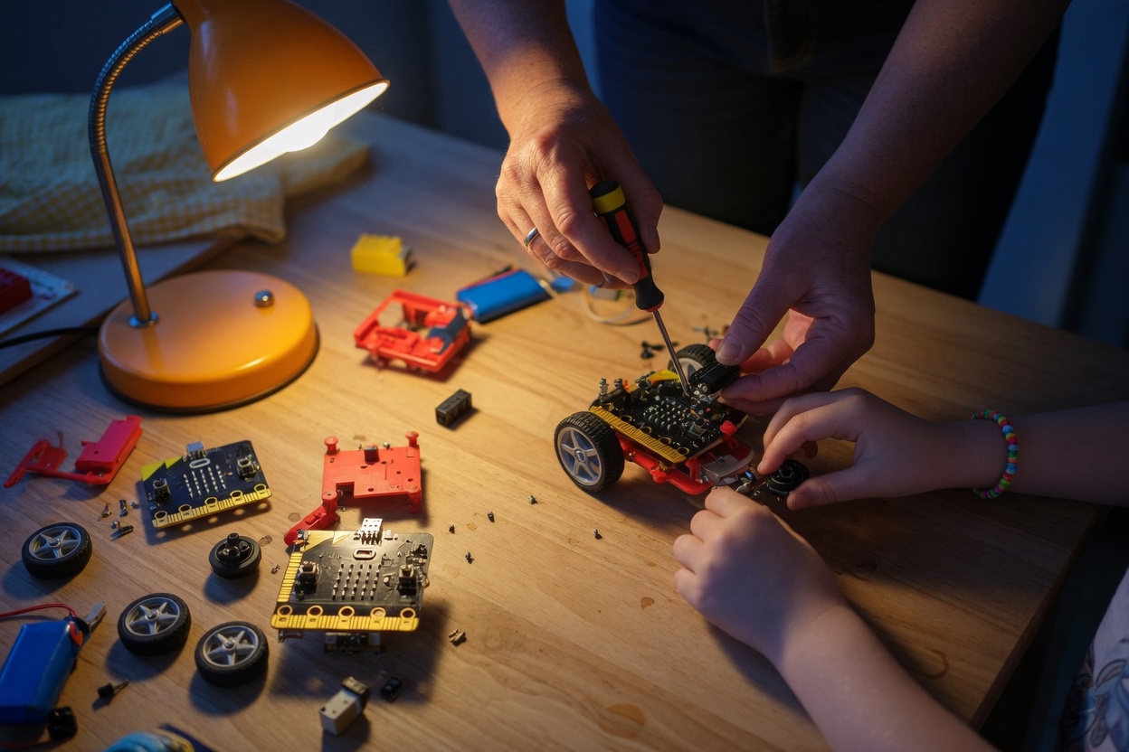 An adult and a child assembling a small robot together under a warm desk lamp, real parts on the table.
